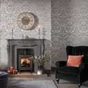 Gothic Damask Flock Gray & Silver Wallpaper