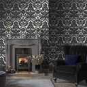 Gothic Damask Flock Black & Silver Wallpaper